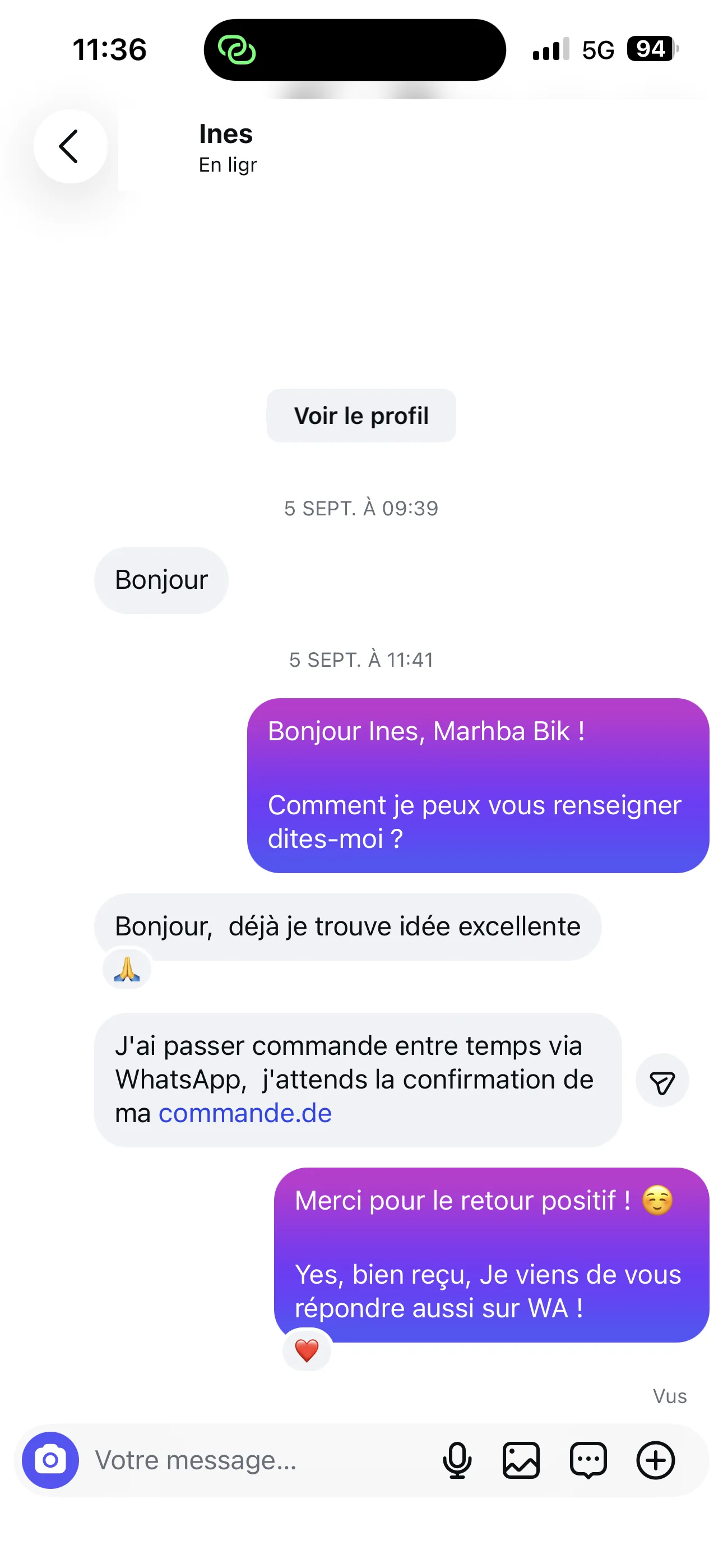 Retour client WhatsApp — Ines