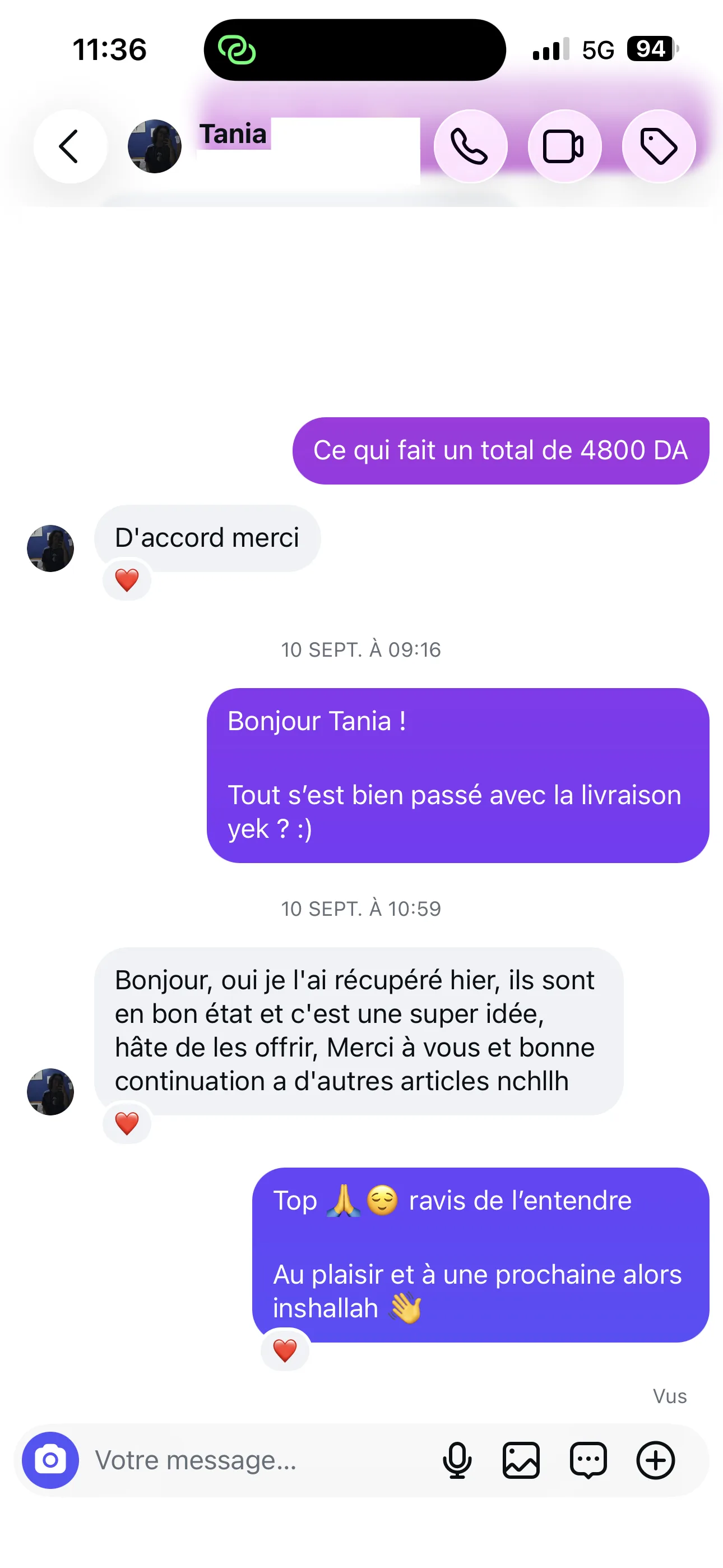 Retour client WhatsApp — Tania