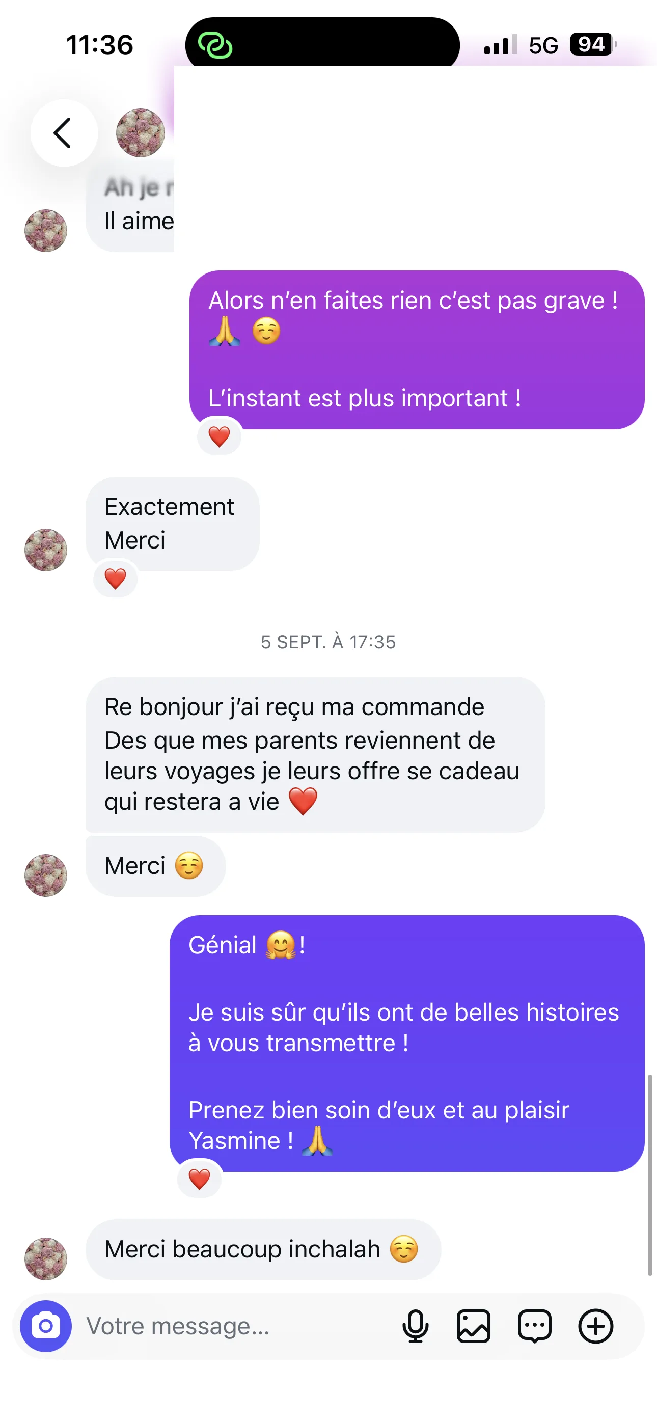 Retour client WhatsApp — Yasmine