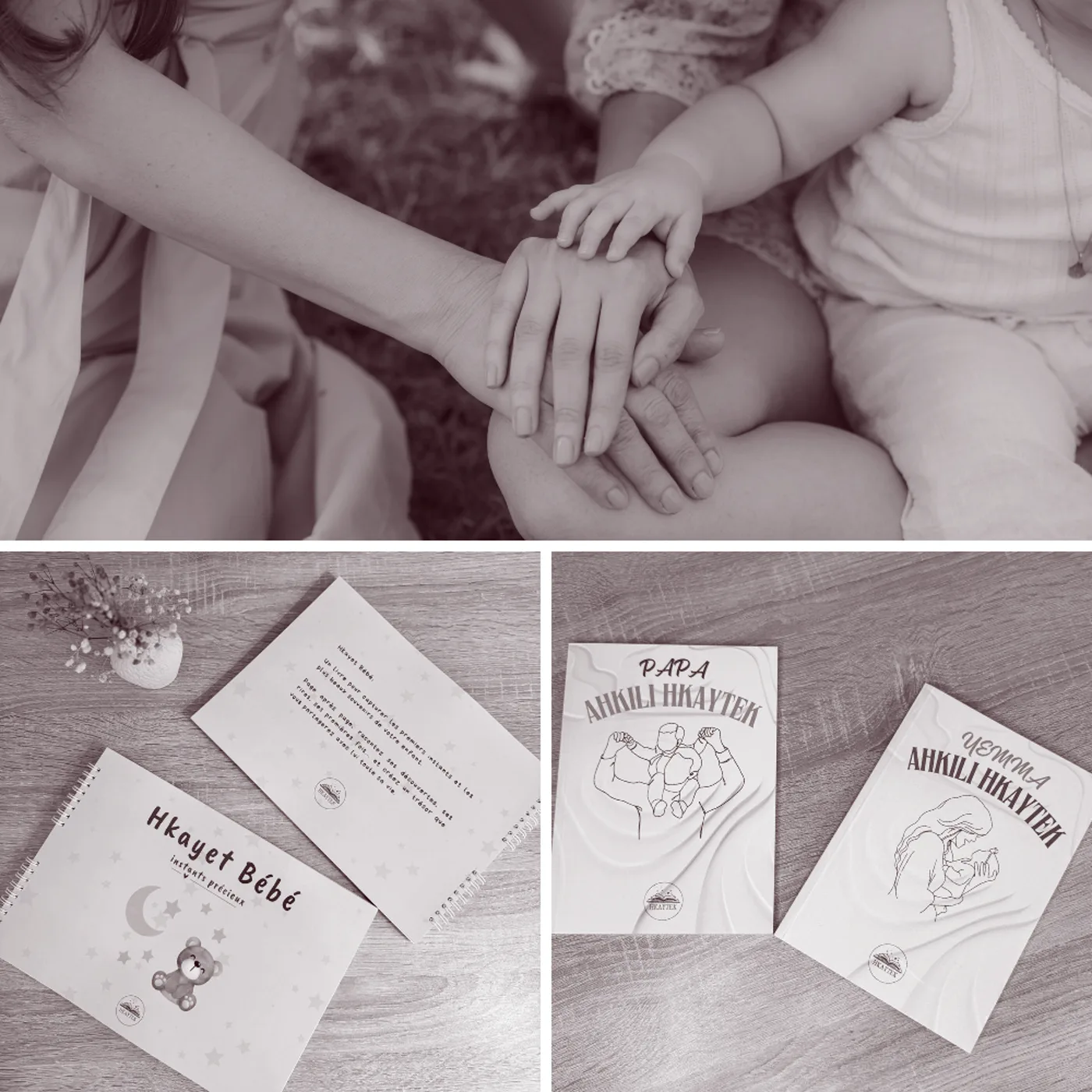 Les trois livres HKAYTEK — Hkayet Bébé, Papa et Yemma Ahkili Hkaytek — et des mains de famille entrelacées