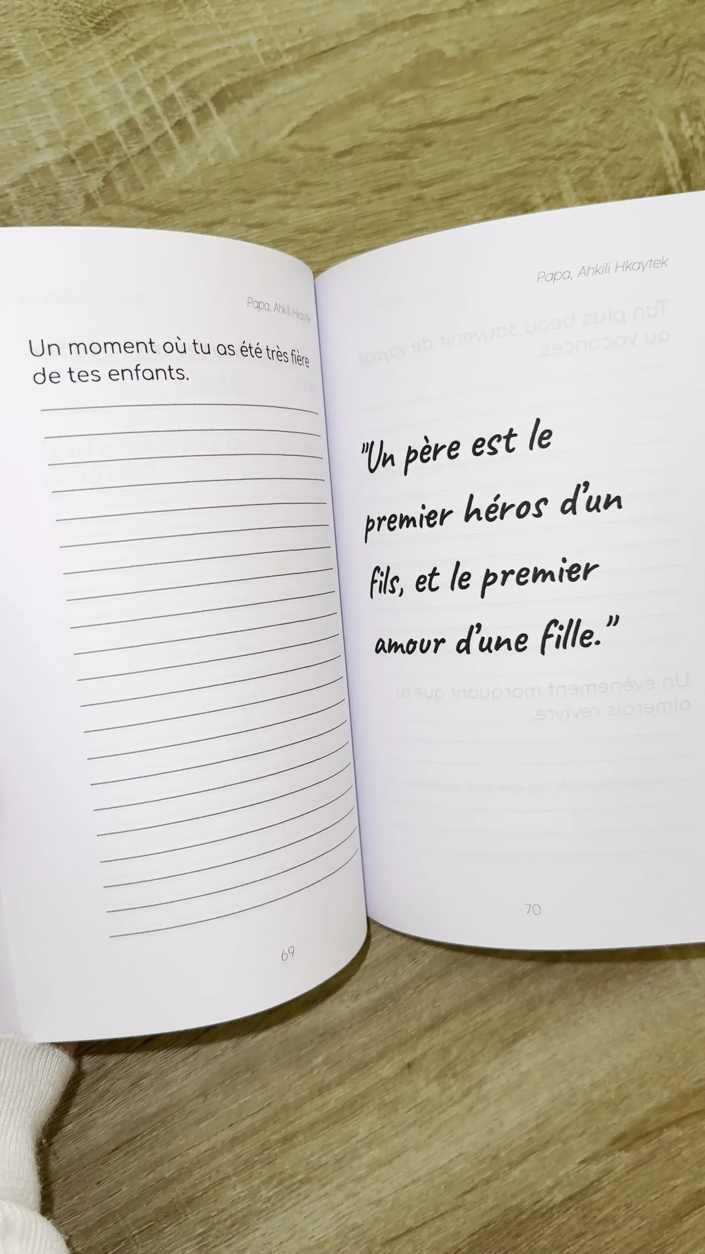 Une page citation : un père est le premier héros d'un fils et le premier amour d'une fille